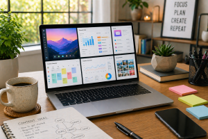 Laptop on a clean desk showing beginner-friendly marketing tools in a bright home office