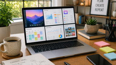 Laptop on a clean desk showing beginner-friendly marketing tools in a bright home office