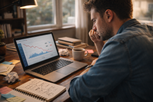 Beginner marketer reviewing poor campaign results at a home office desk