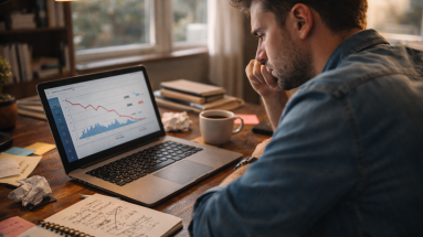 Beginner marketer reviewing poor campaign results at a home office desk