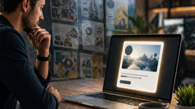 Person stopping mid-scroll on a smartphone as glowing symbols of curiosity, trust, and urgency surround the screen