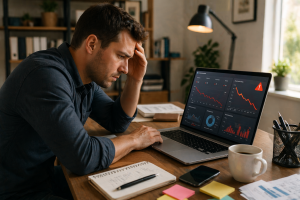 Beginner marketer reviewing poor Facebook ad performance on a laptop in a home office.