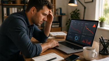 Beginner marketer reviewing poor Facebook ad performance on a laptop in a home office.