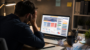 Beginner marketer looking frustrated at a cluttered landing page on a laptop in a home office.