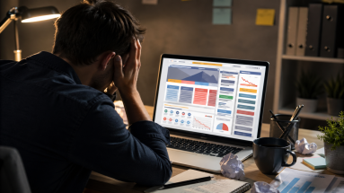 Beginner marketer looking frustrated at a cluttered landing page on a laptop in a home office.