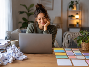 Beginner marketer using content repurposing strategies to avoid content creation burnout.

