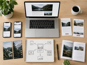 A top-down view of one main content piece branching into several marketing assets like social posts, emails, and videos.
