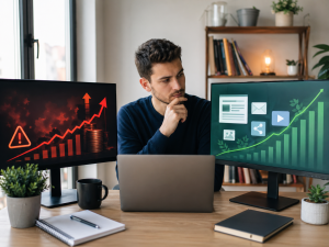 Beginner marketer comparing paid advertising with organic traffic strategies at a home office desk.