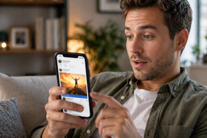 Person stopping mid-scroll after noticing an attention-grabbing ad on their phone.
