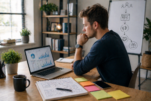 Entrepreneur researching market demand on a laptop with notes and planning materials nearby.
