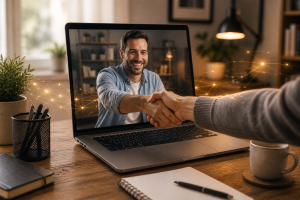 Two people building online audience trust through a digital connection