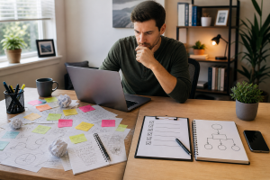 Online entrepreneur identifying the core problem their offer solves before launching.
