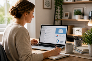 Person using a laptop to create an email newsletter in a calm home office

