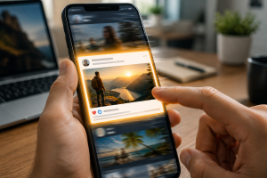 Smartphone showing a fast-moving social media feed with one post standing out clearly.

