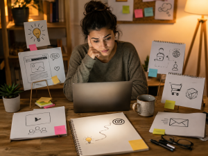Beginner online entrepreneur sorting through different online business options at a desk.
