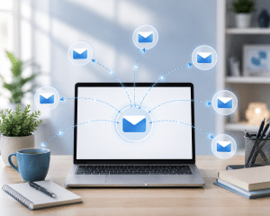 Email autoresponder sending automated emails from one laptop to multiple inboxes.