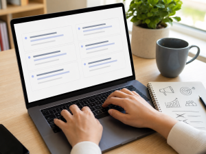 Laptop showing multiple Facebook ad headline drafts for headline testing.