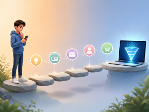 Beginner following a simple sales funnel path from online content to a digital funnel.
