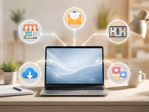 Laptop connected to online business tools including email, social media, online store, and digital downloads.

