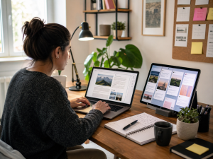 A marketer turning one blog post into several smaller social media posts at a desk.
