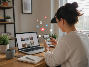 Beginner marketer creating social media content on a laptop and smartphone in a tidy workspace.