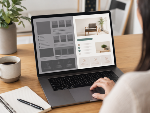 Marketer comparing a cluttered ad draft with a clearer benefit-focused version.
