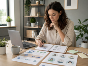 Beginner marketer reviewing audience planning notes and customer profile ideas at a desk.
