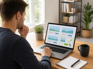  Beginner marketer reviewing ad variations and click performance on a laptop.
