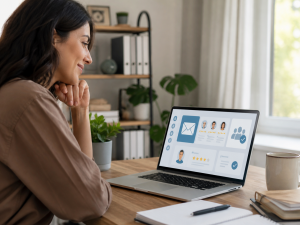 Laptop showing trust-building email marketing visuals in a welcoming workspace

