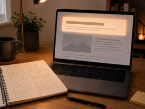 Laptop and notebook showing the opening section of a content draft in a creative workspace