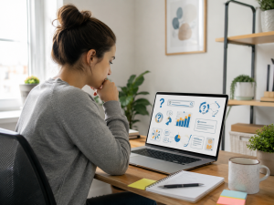 Beginner entrepreneur researching audience problems before creating a digital product.

