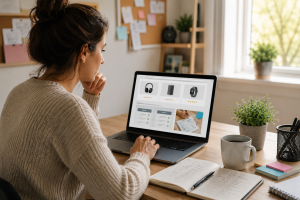 Beginner marketer creating helpful product recommendation content on a laptop.
