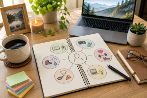 2210526 Notebook and laptop used to brainstorm skills and interests for finding a profitable niche.