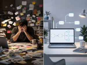 Comparison of messy manual email and organized email autoresponder workflow.