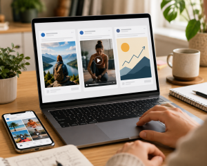 Different Facebook ad image and video creative concepts being tested on a laptop.
