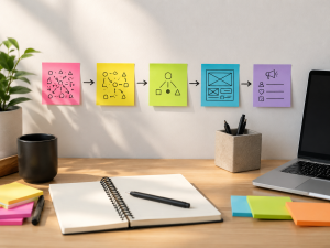 Organized sticky notes showing how copywriting frameworks structure ad ideas.
