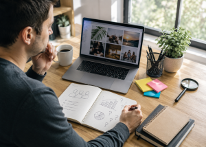 Online marketer researching niche ideas before starting an online marketing strategy.
