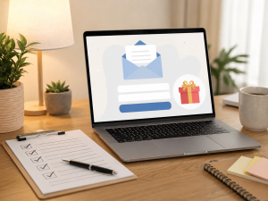 Lead magnet funnel concept with a laptop, checklist, and free resource symbol.
