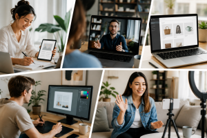 Examples of online business models including digital products, coaching, freelancing, ecommerce, and content creation.