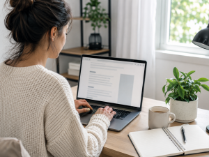 Beginner blogger creating educational blog content as part of a content marketing strategy.
