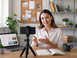 A content creator recording a short video using notes from a blog post in a tidy home office.