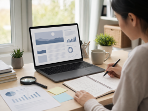 Laptop showing a blog draft and simple search traffic visuals beside notes in a modern workspace.
