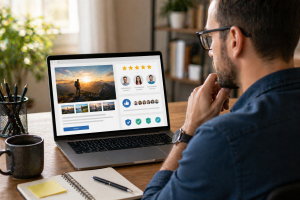 Marketer reviewing an ad layout with testimonial and trust-style visual elements.

