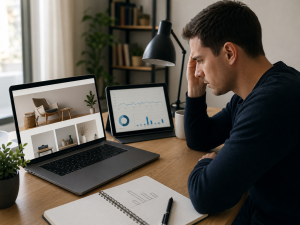 Entrepreneur looking at a polished website alongside low traffic analytics in a home office.

