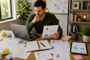 Entrepreneur researching market demand and using a product validation checklist before launch.