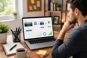 Marketer reviewing a landing page with visual signs of improved conversions.
