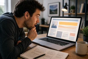 Person leaning in with curiosity while reading an engaging opening line on a laptop.
