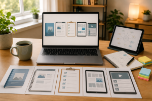 Different beginner-friendly digital product formats displayed on a clean workspace.

