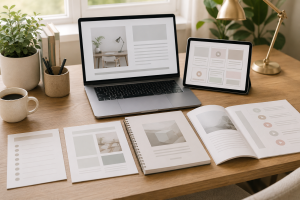 Laptop and printed mockups showing simple digital product ideas for beginners.

