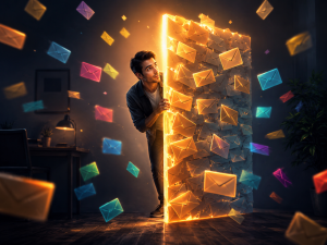 Curiosity-based email subject line tips represented by a glowing open door 
